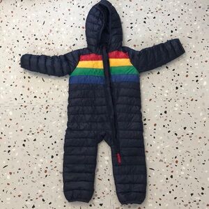 Primary Baby Snowsuit Lightweight Puffer Navy Blue Retro Rainbow Stripe 12-18 mo
